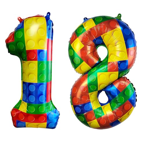 Image of 32 Inch Building Block Number 18 Balloons Birthday Party Decoration Supplie | Birthday Block Themed Large Big Helium Foil Mylar Balloon for Girls Boys