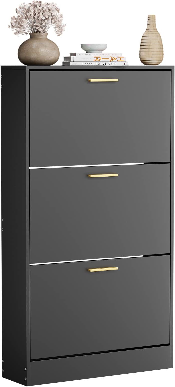JOZZBY Shoe Cabinet, Black Shoe Cabinet with 3 Flip Drawer, Hidden Shoe Storage Freestanding Shoe Rack Cabinet for Entryway, Hallway, Living Room