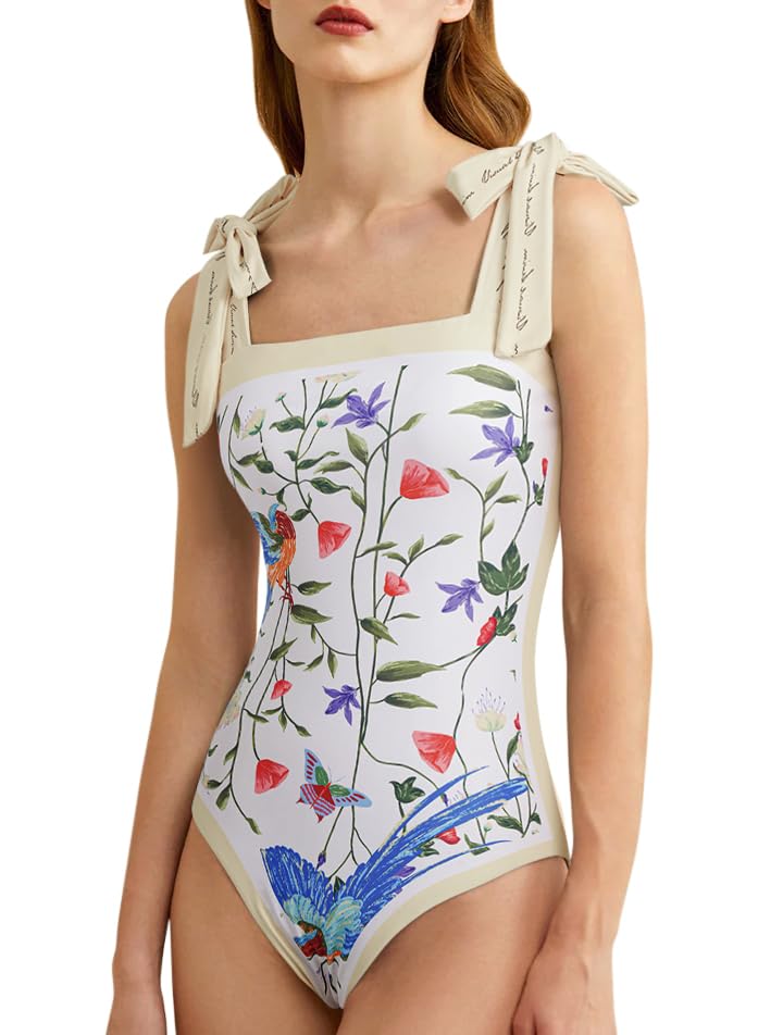 Image of SKAYS Reversible Floral One Piece Swimsuit Women Bathing Suit Vintage Cute with Adjustable Straps Swimwear