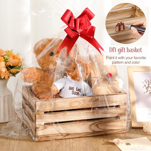 Image of Wonderjune Wooden Baskets for Back to School Gifts Empty Wood Basket with Cellophane Bag Ribbon Greeting Card for Birthday Baby Shower Wedding Housewarming Gifts Packaging(Brown,Large)