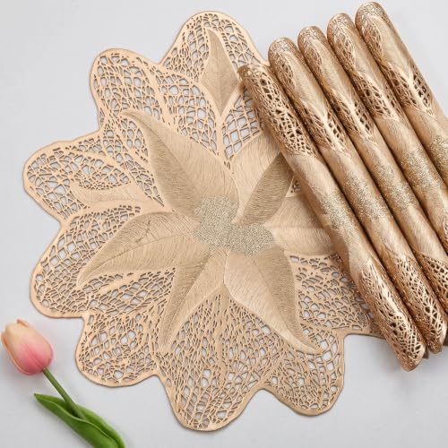 Image of Dakshya Industries Round Table Mats Set of 6 PVC Placemats for Dining Table Waterproof Heat Resistant Easy Clean, Gold