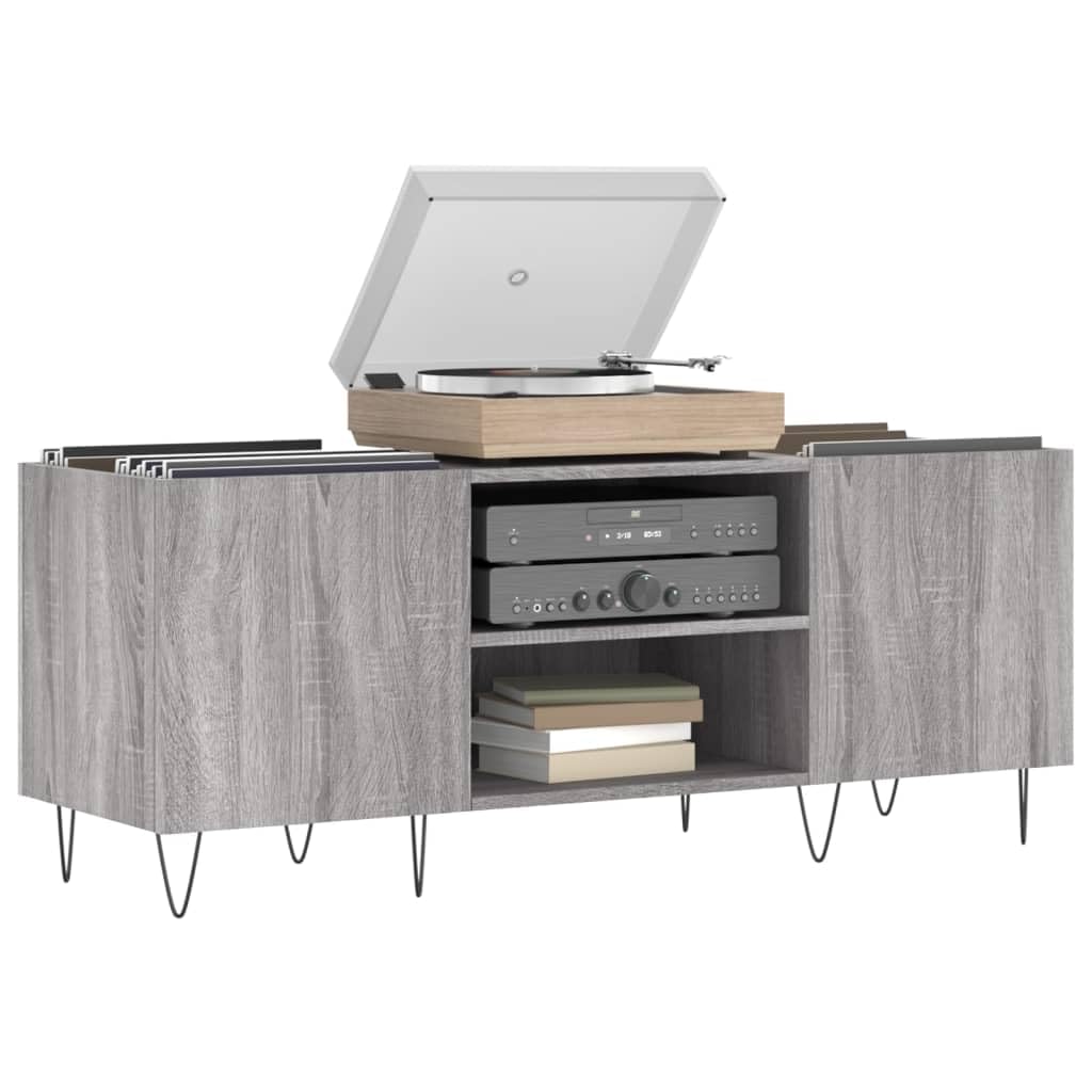 Armadio per dischi in vinile, stile retrò, con gambe in ferro, 121 x 38 x 48 cm, colore grigio Sonoma, per collezione musicale e giradischi