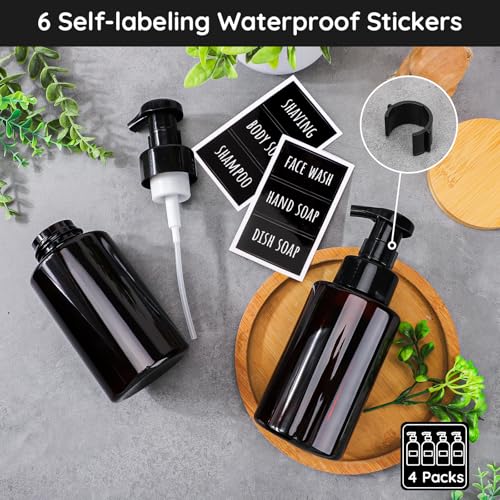 Image of Segbeauty 13.5oz 4pcs Foaming Hand Soap Dispenser Refillable, Empty Foaming Soap Dispenser with Pump, 400ml Plastic Foamer Bottle, Amber Foam Pump Bottle with Waterproof Labels for Bathroom Kitchen