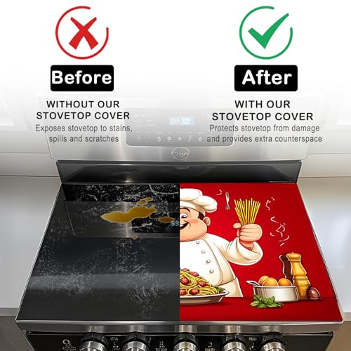 Image of Nuxovilar Stove Top Cover for Electric Stove 20.4 x 28.3 Inch, Gourmet Chef with Red Background Glass Stoves Covers for Gas Stoves Top Cooktop Protector Heat Resistant Range Ceramic