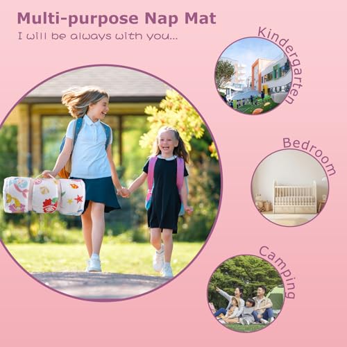Image of Toddlers Nap Mat with Removable Pillow and Soft Blanket, Lightweight Daycare Preschool Kindergarten Sleeping Bag, Travel Slumber for Kids Girls Boys (Mermaids)