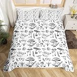Mushroom Duvet Cover Set Queen Size,Abstract Hand Drawn Sketch Rustic Bedding Set for Boys Girls,Botanical Plants Weed Flowers Comforter Cover,Black White Retro Quilt Cover,2 Pillowcases(No Filler)