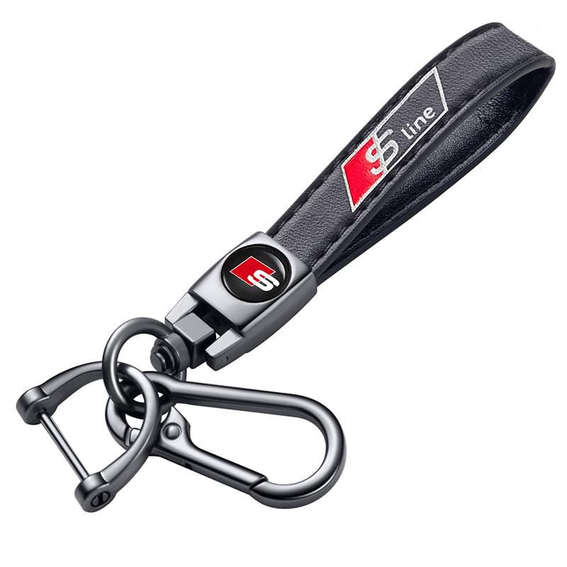 DEXBEXS Genuine Leather Car Keychain Compatible with Audi S Line Key ring Accessories Key Chain for Man and Woman Family Present Black
