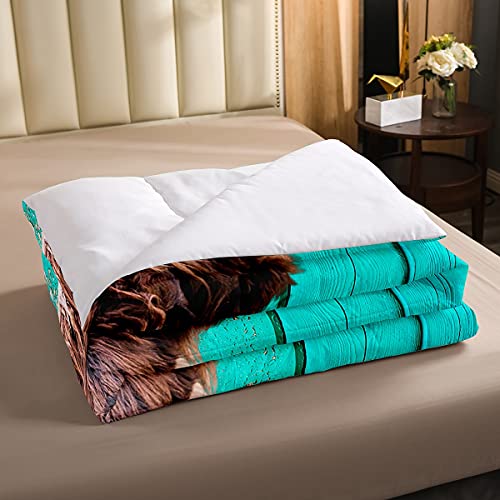 Image of Feelyou Highland Cow Bedding Set Leopard Floral Comforter Set for Kids Boys Girls Brown Safari Cheetah Animal Skin Comforter Teal Blue Wooden Decor Quilt Set Room Decor 3Pcs Queen Size