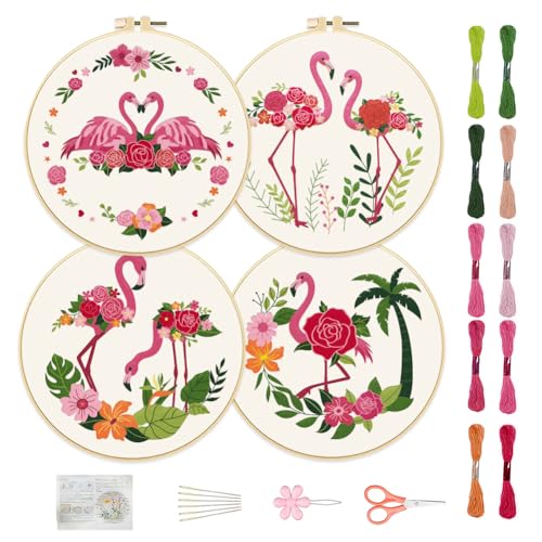 FREEBLOSS 4 Set 8'' Roses Embroidery Kit Flamingo Stamped Pattern Hand Embroidery Kit Embroidery Starter Kit with Detained Instructions Cross Stitch Kit includes Embroidery Hoops, Color Threads