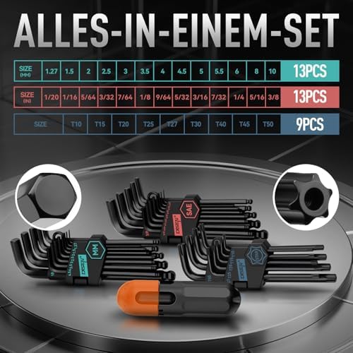 DISEN 36PC Allen Wrench Set, SAE & Metric Hex Key Set Torx Star Key Set, Long Arm Ball Head Design with T-Handle, Heat Treated Chrome Vanadium Steel