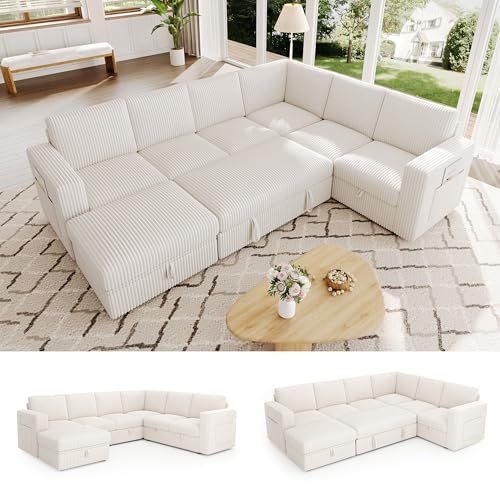 Image of Sectional Sleeper Sofa, Pull Out Couch with Storage,Lvory,7 Seat