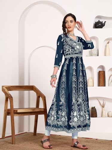 Image of EthnicJunction Women's Georgette Regular Fit Anarkali Embroidered Chikankari Work Angrakha Kurta