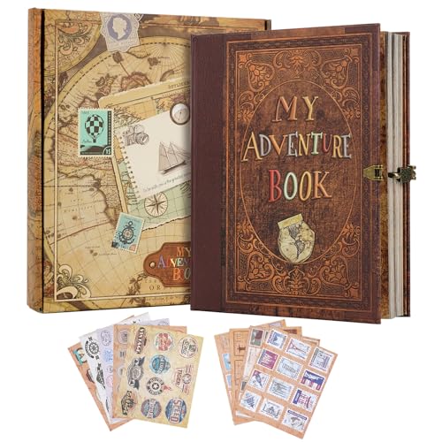 My Adventure Book Scrapbook 124 Pages Retro Style Embossed Photo Album DIY Handmade Memory Travel Diary Photo Scrapbook for Couples Anniversary Wedding Valentines Day Gifts(Brown)