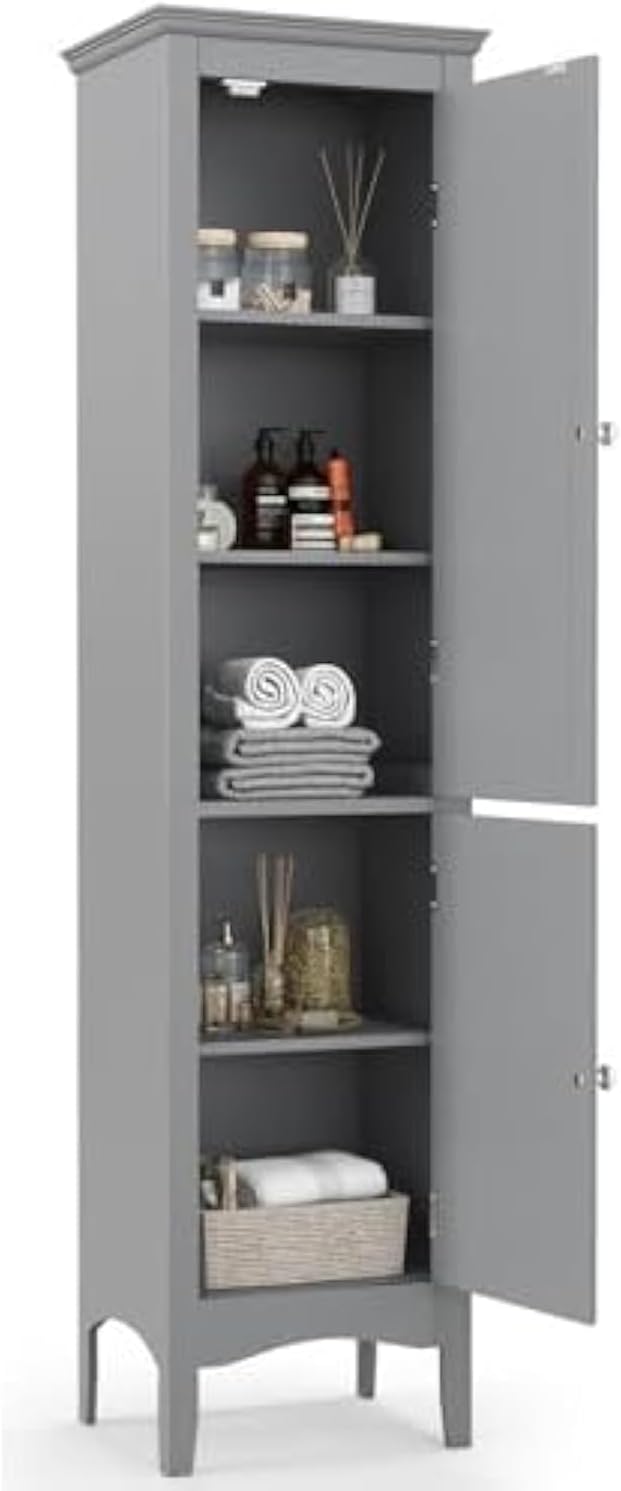 Bathroom Storage Cabinet, Narrow Tall Bathroom Cabinet with 3-Position Adjustable Shelf, 2 Doors, Anti-Tipping Device, Floor Freestanding Cabinet for Bathroom, Living Room (Grey)