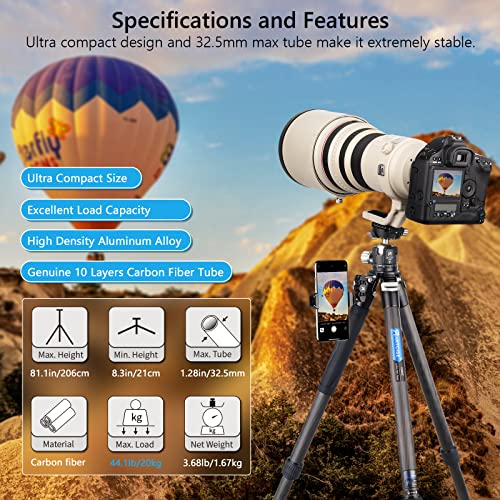 ARTCISE Stable CS80C Lightweight Compact Carbon Fiber Tripod Kit Max Load 25 kg