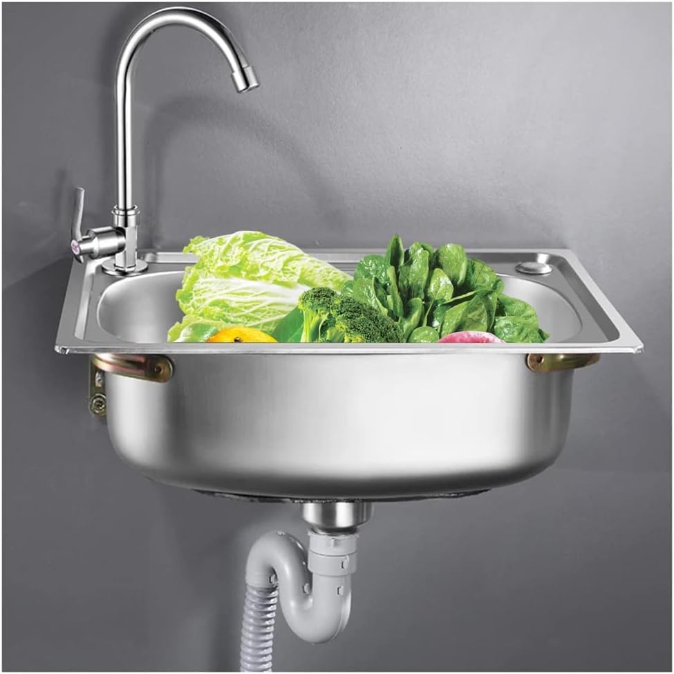 Top Mount Kitchen Sink Drop-in, Wall Mounted Farmhouse Kitchen Sink, Workstation Sink, Stainless Steel Single Bowl Sinks for RV, Travel Trailer, Garage (Color : Silver, Size : 50x40cm)