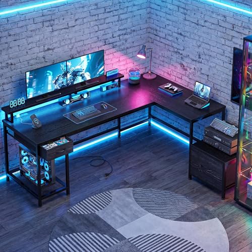 Image of DurayLoly 63 inch Reversible L Shaped Desk with Power Outlets &Led,Bedroom | Large Computer Desk with Monitor Stand,2 Fabric Drawer and Storage Shelves,Corner Desk,Gaming, Work, Home Office
