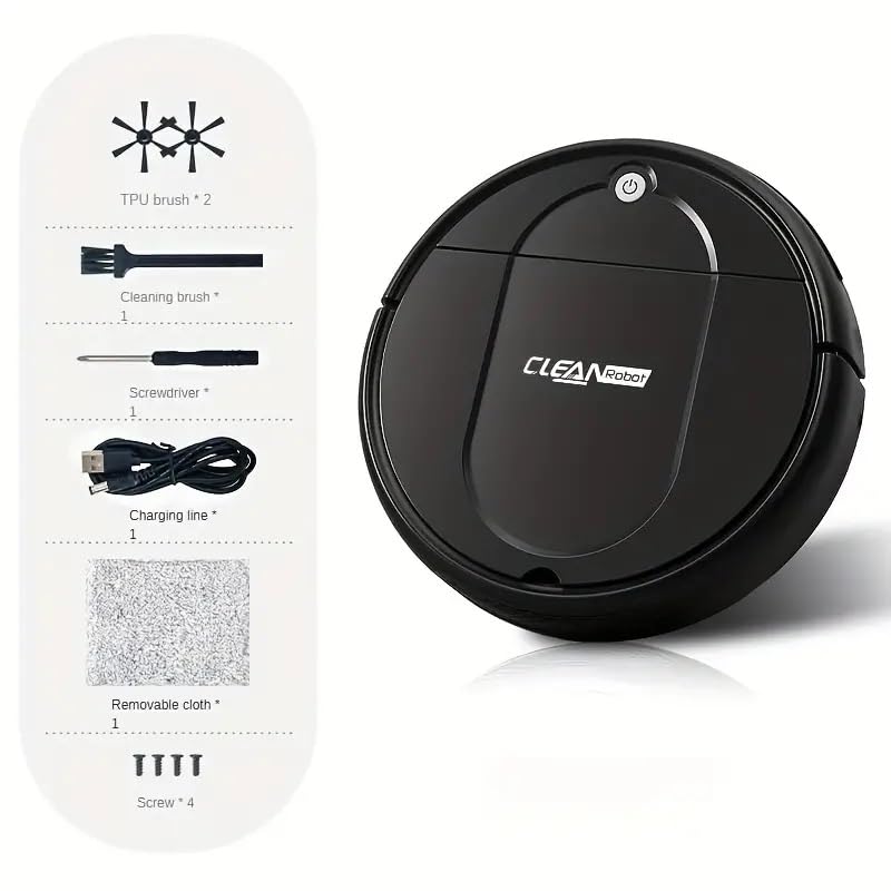Robot aspirador y trapeador 2 en 1 con carga automática, 1200 pa máximo, limpieza programada, recarga USB, para pelo de mascotas, alfombra, material ABS (negro)