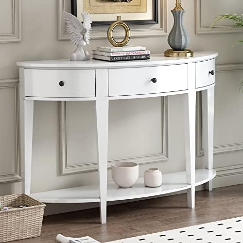 Royard Oaktree Curved Console Table Wood Entryway Table with 3 Drawers and Storage Shelf,Sofa Table for Living Room,Bedroom,Kitchen,Entryway,Hallway,White