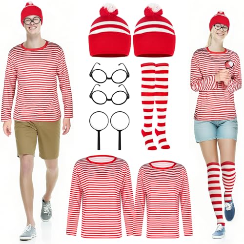 MJOGGOTT 9 Pcs Funny Halloween Couples Costumes including Men Women’s Halloween Costumes Sweatshirt Red and White Striped Shirt Glasses Hat Sock Magnifier for Couple Halloween Cosplay Party