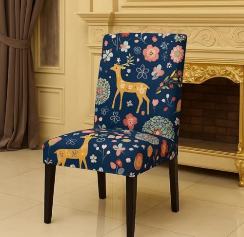 Image of Homerz Premium 6 Seater Dining Table Cloth with 6 Dining Chair Covers,Elastic Fitted Chair Slipcovers, Printed Polycotton Fabric, Table Cloth Size 60x90 inch (Navy World)