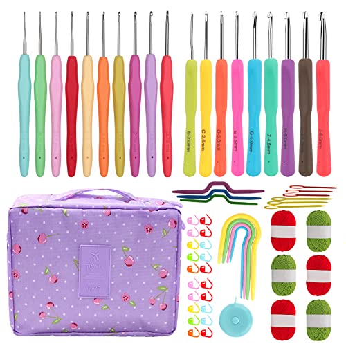 Katech 60 pcs Beginners Knitting Kits Ergonomic Crochet Hooks with 3 Colors Yarn Balls for Crochet Lovers, DIY Crochet Kits Random Color Yarn Set for Weaving Knitting Socks, Scarf, Gloves (Purple)