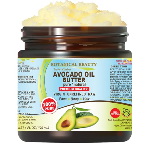 Botanical Beauty AVOCADO OIL BUTTER 100% Pure Natural VIRGIN UNREFINED Cold-Pressed for Face Skin Body Hair Lip Nails. Rich in Vitamin E Omega 3 Omega 6 (4 Fl Oz)