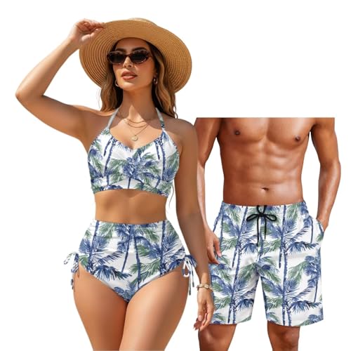 YECARYPOD Blue Palm Tree Matching Hawaiian Outfits Women's Bikini Set and Men Summer Casual Aloha Shorts with Pocket Vacation Beach Cruise Soft Summer Outfits Tummy Control Bathing Suit