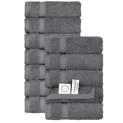 SALBAKOS 100% Turkish Cotton Washcloth Set of 12, 13x13 inch | Premium Quality | Hotel & Spa Collection | Ultra Soft, Super Absorbent, Wash Cloth Towels | Made in Turkey (Gray, 12 Washcloths)