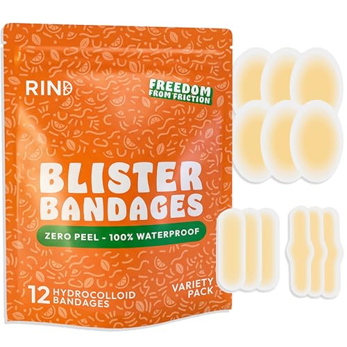 Blister Bandages for Feet Hydrocolloid Gel Blister Pads & Cushions 100% Waterproof Stays Put Up to 72 Hours Heel & Toe Blister Prevention 12 Count Variety Pack by RIND