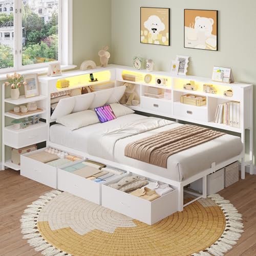 DICTAC Lit 90x190 en L – Banquette-Lit 1 Place avec Tête de Lit Capitonnée (Rangement Secret + Table de Nuit Intégrée), LED RGB & Recharge | Idéal pour Studio &...