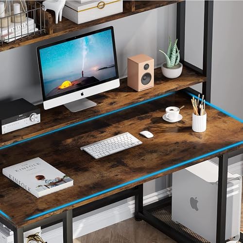 Image of Office Desk with Storage Shelves 140cm, Computer Desk with Bookshelf & Side Racks, Metal Frame Study Table for Home Office|Rustic Brown Color (140 x 60 x 150 CM) |DIY