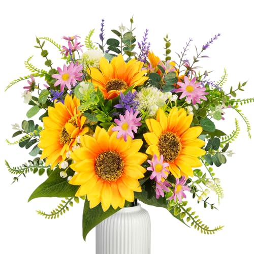 Luabue Flores Artificiales Decoracion Ramos de Girasoles Artificiales con Margaritas Rosas y Eucalipto Artificial Ramo de Flores Artificiales para Bodas el Hogar Centros de Mesa de Decoración