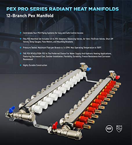 Image of Midline Valve NQT112 PEX Manifold 1 /2 in. for Radiant Heating System; with Valves, Vents, Gauges, and Mounting Brackets; Stainless Steel; 12 Port