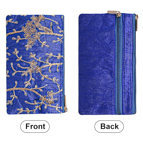 Image of Kuber Industries 2 Pcs Polyester Hand Purse for Woman & Girls with Zip | Lightweight & Compact Ladies Purse /Wallet for Party, Wedding & Events | Embroidery Design - Blue