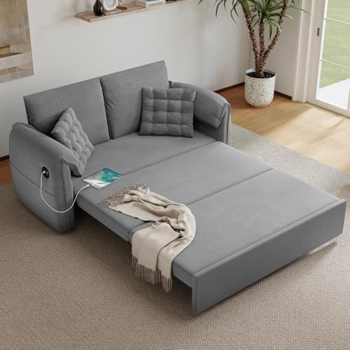 Mvpipi 3-in-1 Convertible Sleeper Sofa Bed, 62.9" W x 87" L Couch with Pull Out Bed with 6-Position Backrest,Hidden Storage & USB for Living Room,Light Grey