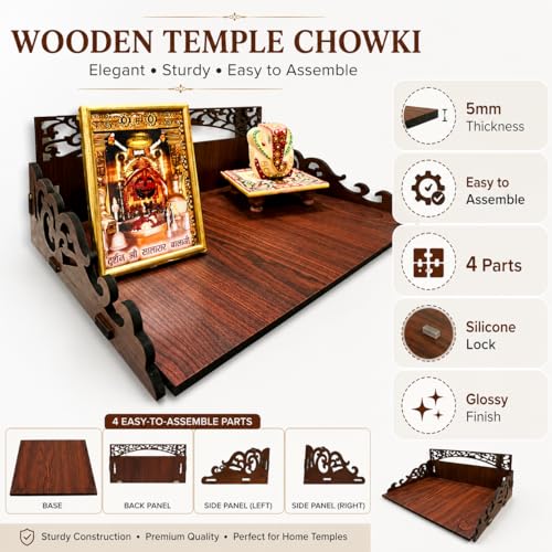Image of Zesta Wooden Mandir for Home Big Size | DIY Pooja Mandir with LED Spot Light | Devghar Cabinet for Living Room or Office | Wall Mounted Pooja Unit for Home (Brown Small)