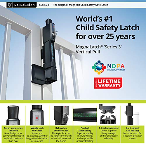 D&D Technologies ML3VPKA+ML3RPK MagnaLatch Vertical Pull, Child & Pet Safety Magnetic Gate Latch & Round Post Adaptor Kit, Sold Together