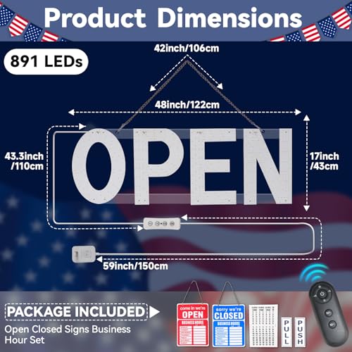 Image of LED Open Signs for Business, 48 inch x 17 inch Large Open Sign LED with 3 Scene Modes, Ultra Bright Adjustable Light Up Sign for Storefront Window Glass Door Shop Store Bar Cafes Restaurant (US Flag)