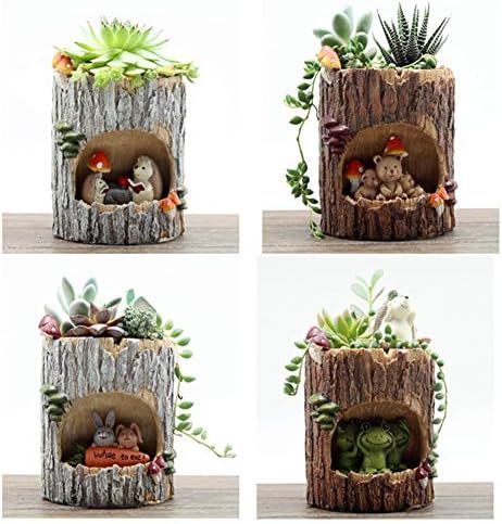 REBORNGOD Creative Tree Hole Story Cute Animal Flower Pot Mini Round Succulent Plant Drainage Resin Flower Pot Hedgehog Theme Home Interior Office Decoration Resin Craft Flower Pot (Frog)