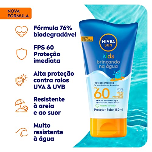 NIVEA SUN Protetor Solar Kids Brincando na Água FPS 60 150ml - Infantil, especialmente formulado par