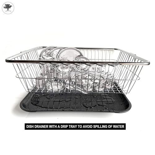 Image of Sulfar Stainless Steel Dish Drainer Stainless-Steel Dish Drying Rack with Drainer Sink Counter Top Basket Plate Rack (17X22 inch)