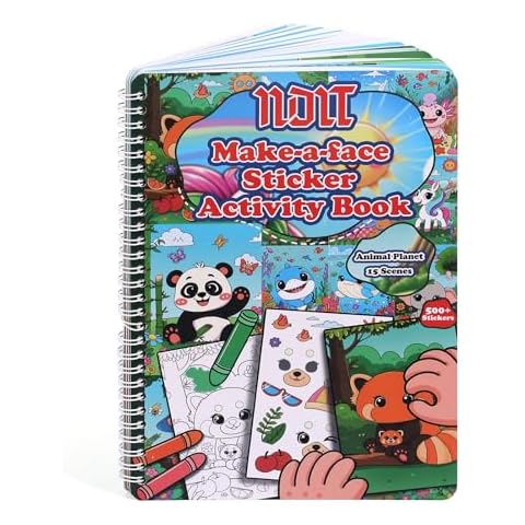 Activity Books for Kids Ages 3-5 500+ Stickers, NDLT Stickers Coloring Book for Kids Make a Face Sticker Activity Book, 15 Coloring Pages 15 Animal Scenes, Reusable Airplane Activities Travel Stickers Cover