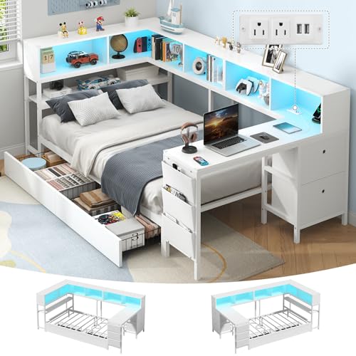 Hasuit Twin Corner Bed with Desk and Storage Bookcase, Daybed with 2 Drawers & 2 Storage Bins, Twin Size Platform Bed Frame with Charging Station and LED Light, Modern Teenagers Bedframe, White