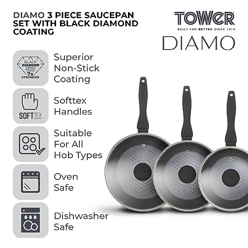 Tower Diamo 3 Piece Cookware Set, 18cm/20cm/22cm Saucepans with Tempered Glass Lids, Black Diamond Non-Stick Ceramic Coating, Black - Image 3