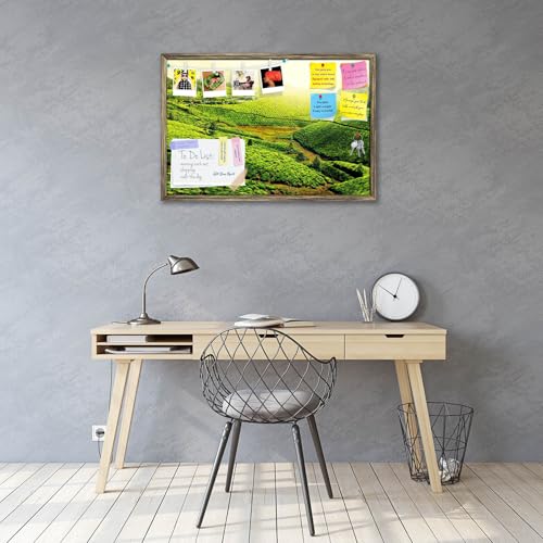 Image of ArtzFolio Tea Plantations, Munnar, Kerala | Bulletin Board Notice Pin Board | Vision Soft Board Combo with Thumb Push Pins & Sticky Notes | Antique Golden Frame | 36 x 24 inch (91 x 61 cms)