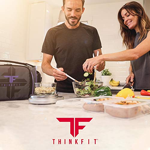 ThinkFit Insulated Meal Prep Lunch Bag | 6 Portion Control Containers | BPA-Free | Reusable | Microwavable | Freezer Safe | Protein Shaker Bottle | Pill Box | Shoulder Strap & Storage Pocket | Black