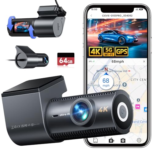 Image of 4K Dash Cam Front and Rear, GPS & 5G WiFi & 64GB SD Card, G-Sensor