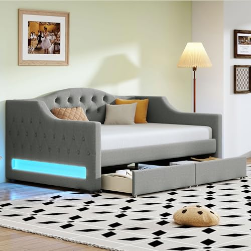Bellemave Twin XL Upholstered Daybed with LED Lights, Twin XL Corner Daybed Frame with Drawers for Living Room, Linen, Light Gray by Bellemave - Used condition - US$193.41