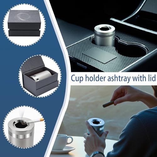 Image of Windproof Stainless Steel Car Ashtray No Smell - Cup Holder Fit with Rotating Lid for Vehicle Travel (Silver Glossy Tall)